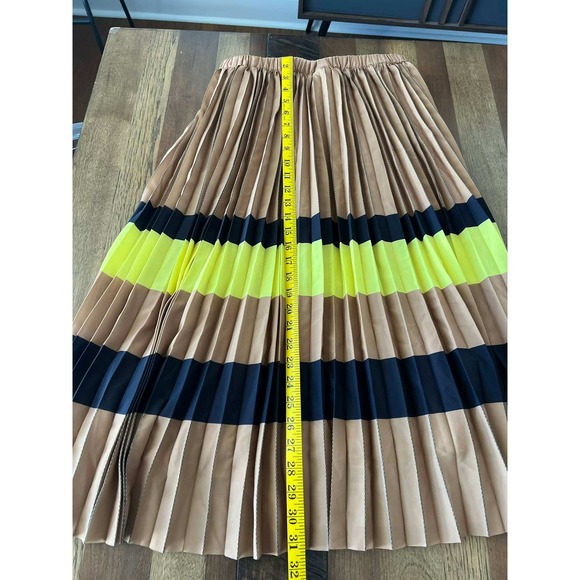 Maeve Anthropologie Striped Micro Pleated Midi Skirt Tan Navy Neon Yellow Small - Picture 2 of 7